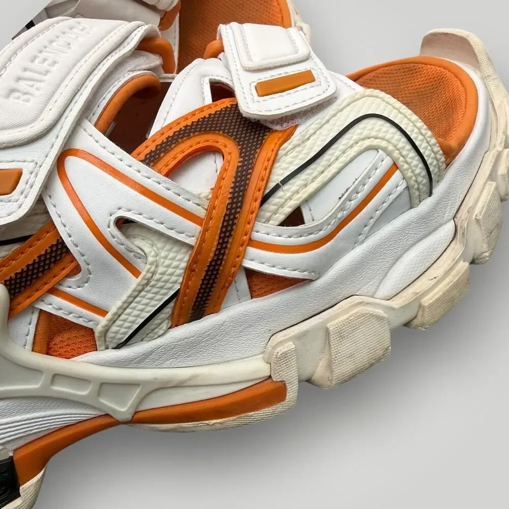 Balenciaga Men's Sport Sandals White/Orange Leather Hook & Loop Logo Sz 8